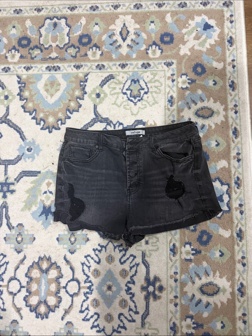 refuge Charcoal Black Distressed Jean Shorts with Sequin Accents